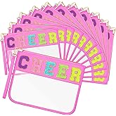 Abbylike 12 Pcs Snack Bags Clear Chenille Letter Cheer Zipper Pouch Waterproof PVC Large Travel Makeup Cosmetic Storage Organizer Bag for Mom Team Cheerleaders Teacher (Pink)