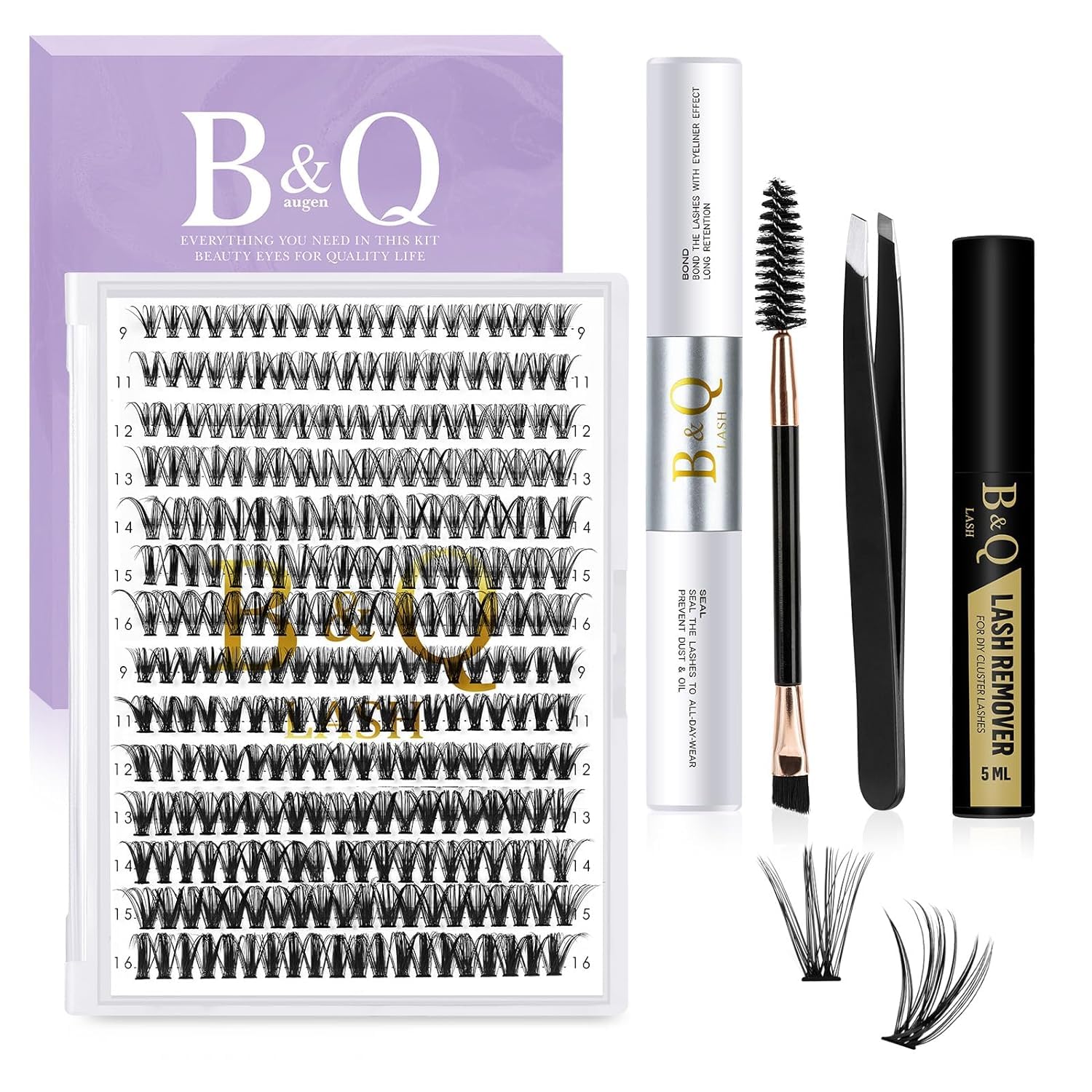 B&Q DIY Eyelash Extension Kit 280 PCS Cluster Lashes Kit D 9-16MIX Diy Lash Extensions Kit with Lash Bond and Seal Lash Remover Lash Applicators for Lash Clusters Lash Kit (Kit-30D+40D-D Curl 9-16mm) — image 1