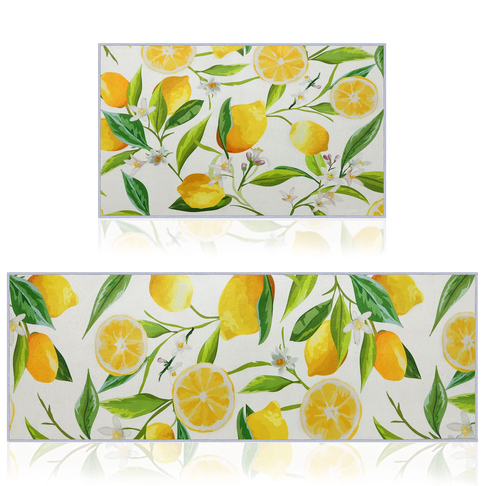 Photo 1 of 2 Pieces Lemon Kitchen Rugs Set Farmhouse Kitchen Rugs Fruit Runner Mat Non Slip Rubber Backing Area Mat Lemon Doormat Washable Indoor Outdoor Mats Country Decor, 17'' x 30'', 17'' x 47''