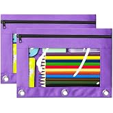 V-Opitos 2 Pack Purple 3-Holes Zipper Pencil Pouches for 3 Ring Binder | Sturdy Cloth Pencil Case, Durable, Clear Window, Office, School and College Supplies