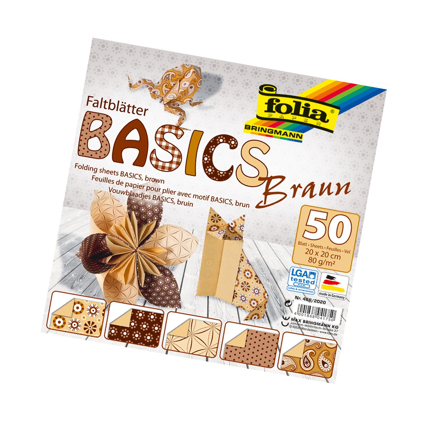Bringmann Folia Basics folding sheets, 80 g/qm, 50 sheets assorted in 5 designs, brown, 20 x 20 cm