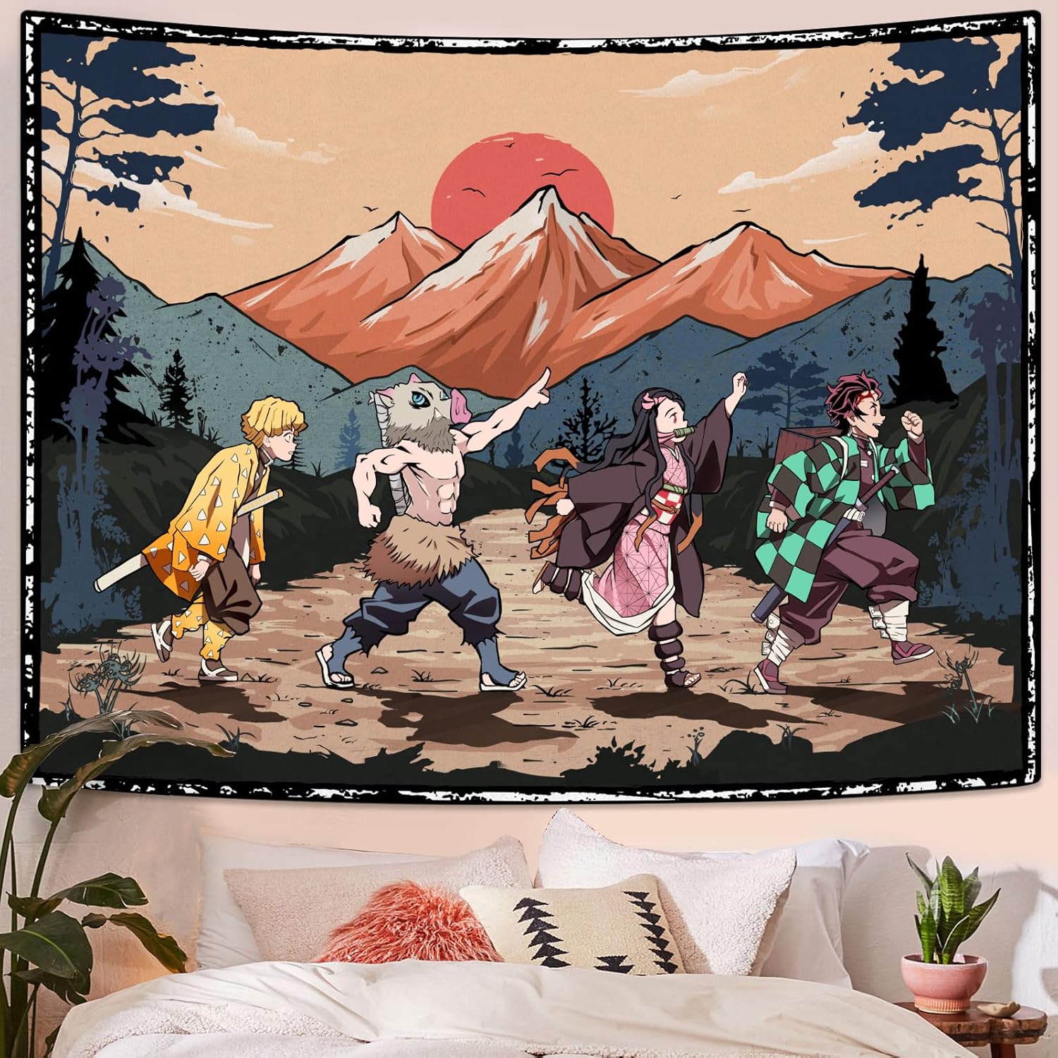 Tapestries - Zussun Anime Tapestry Mountain Sun Tapestries for Bedroom Aesthetic Poster Backdrop Decor Nature Forest Wall Tapestry for Living Room Dorm (Orange, 48'' x 36'')