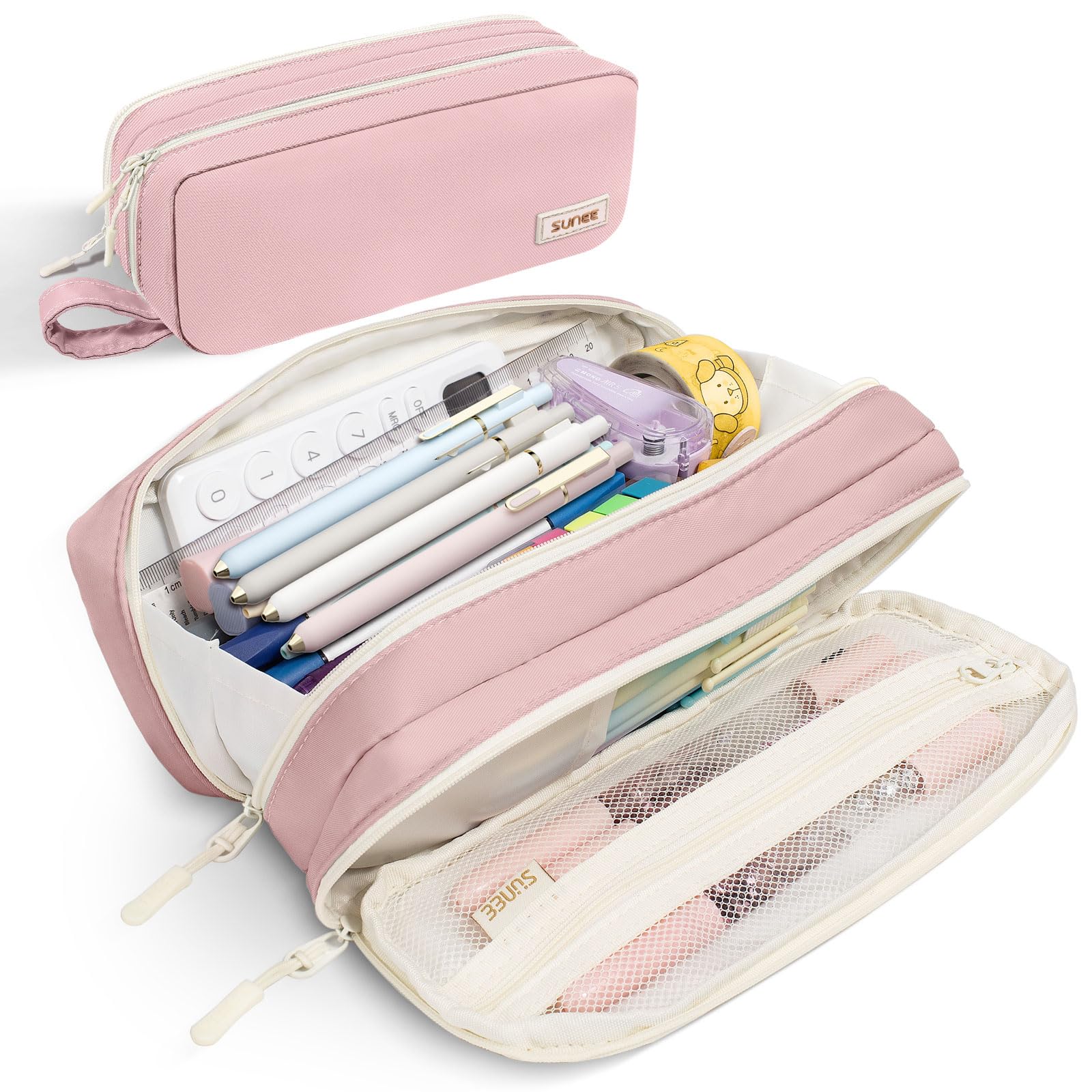 Photo 1 of SUNEE Pencil Case, Large Capacity Pencil Pouch, Aesthetic Pen Bag Office Stationery Organizer Simple Sturdy Multifunctional for Teen Girls Women Men, Pink