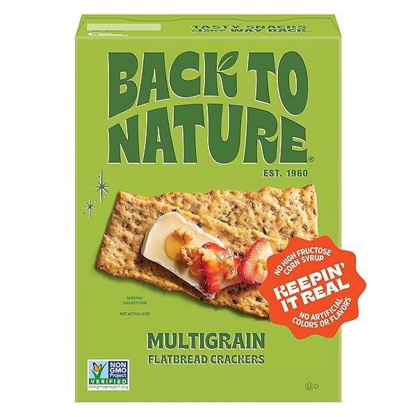 BACK TO NATURE MULTIGRAIN FLATBREAD CRACKERS, NON-GMO, PLANT-BASED SNACK CRACKER, MADE WITH WHEAT FLOUR & WHOLE GRAINS, SNACK HAPPY, 5OZ BOX