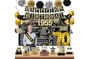 POPULARLDO 70th Birthday Decorations for Men, Black Gold Back In 1955 Birthday Banner Decorations, Vintage 70th Birthday Table Decorations, Cake Topper, Balloons, Backdrop, Sash Party Supplies for Men