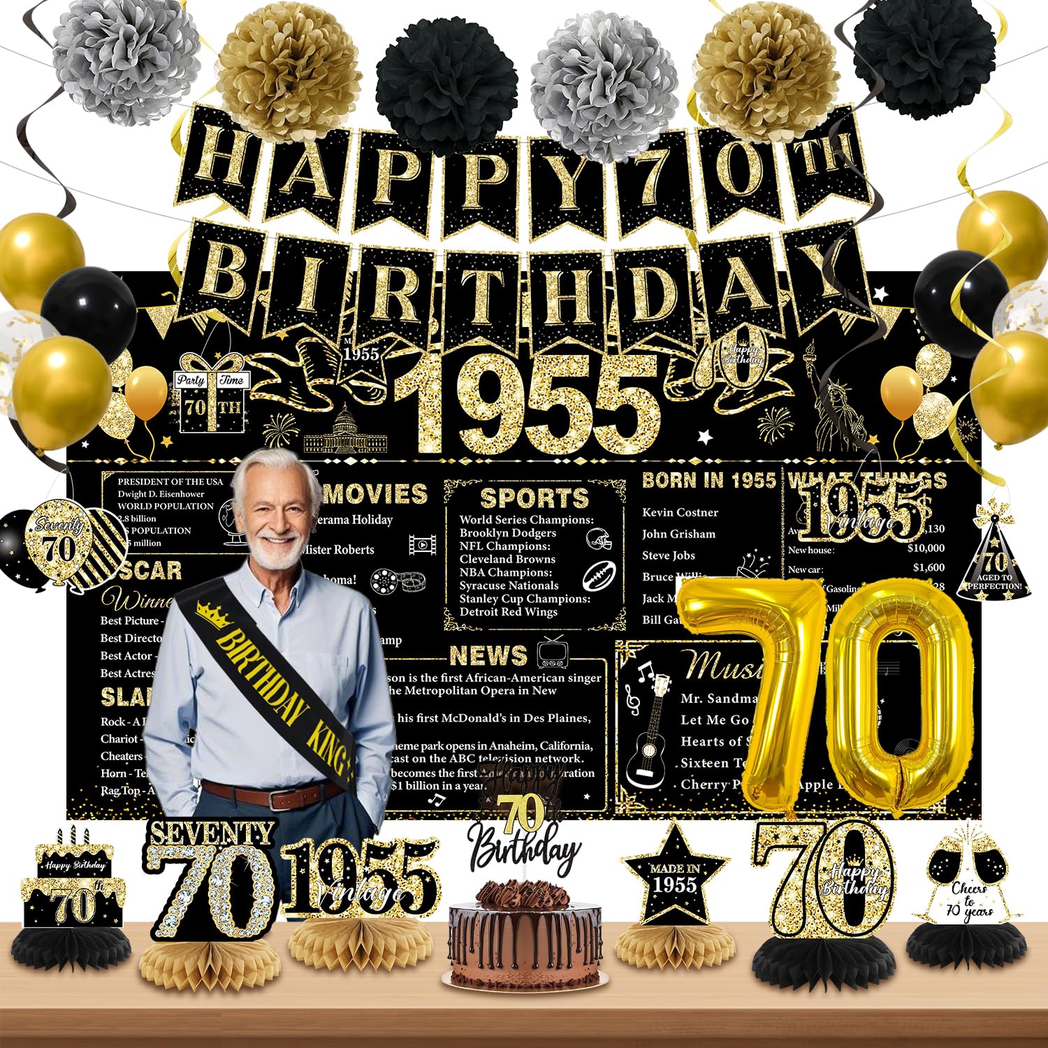 Photo 1 of 70th Birthday Decorations for Men, Black Gold Back In 1955 Birthday Banner Decorations, Vintage 70th Birthday Table Decorations, Cake Topper, Balloons, Backdrop, Sash Party Supplies for Men