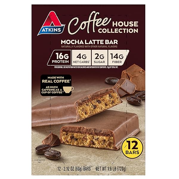 ATKINS COFFEE HOUSE MEAL BAR, MOCHA LATTE, 16G PROTEIN, 4G NET CARBS, 2G SUGAR, 14G FIBER, MADE WITH REAL COFFEE, 12 COUNT