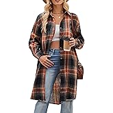 Bozanly Oversized Mid Long Plaid Flannel Shirts for Women Lapel Long Sleeve Check Blouse with Pockets