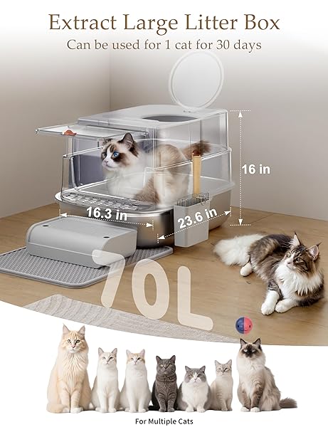 STAINLESS STEEL LITTER BOX WITH LID, EXTRA LARGE ENCLOSED CAT LITTER BOX FOR BIG CATS, ANTI-LEAKAGE METAL KITTY BOX WITH HIGH SIDED ENCLOSURE, SCOOP, PEDAL & NON-SLIP MAT, EASY TO CLEAN