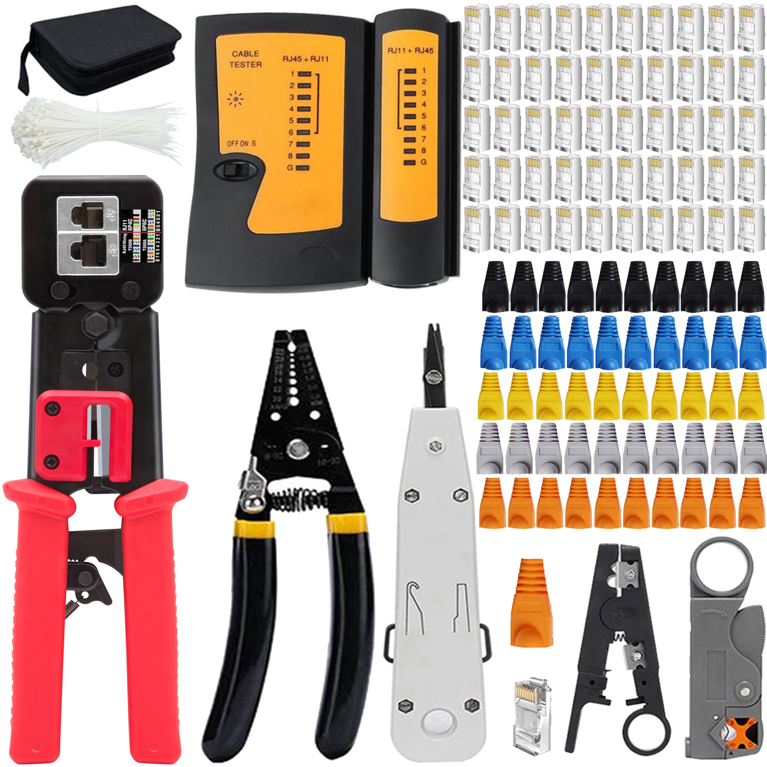 MAYLINE Crimp Tool Set for RJ45/RJ11/RJ12, Crimper Cat5/Cat6 Network Pass Through Crimping Cutter, Ethernet Wire Stripper Kit, 50PCS Connectors&50PCS Covers, Professional LAN Cable Tester(Red) — image 1