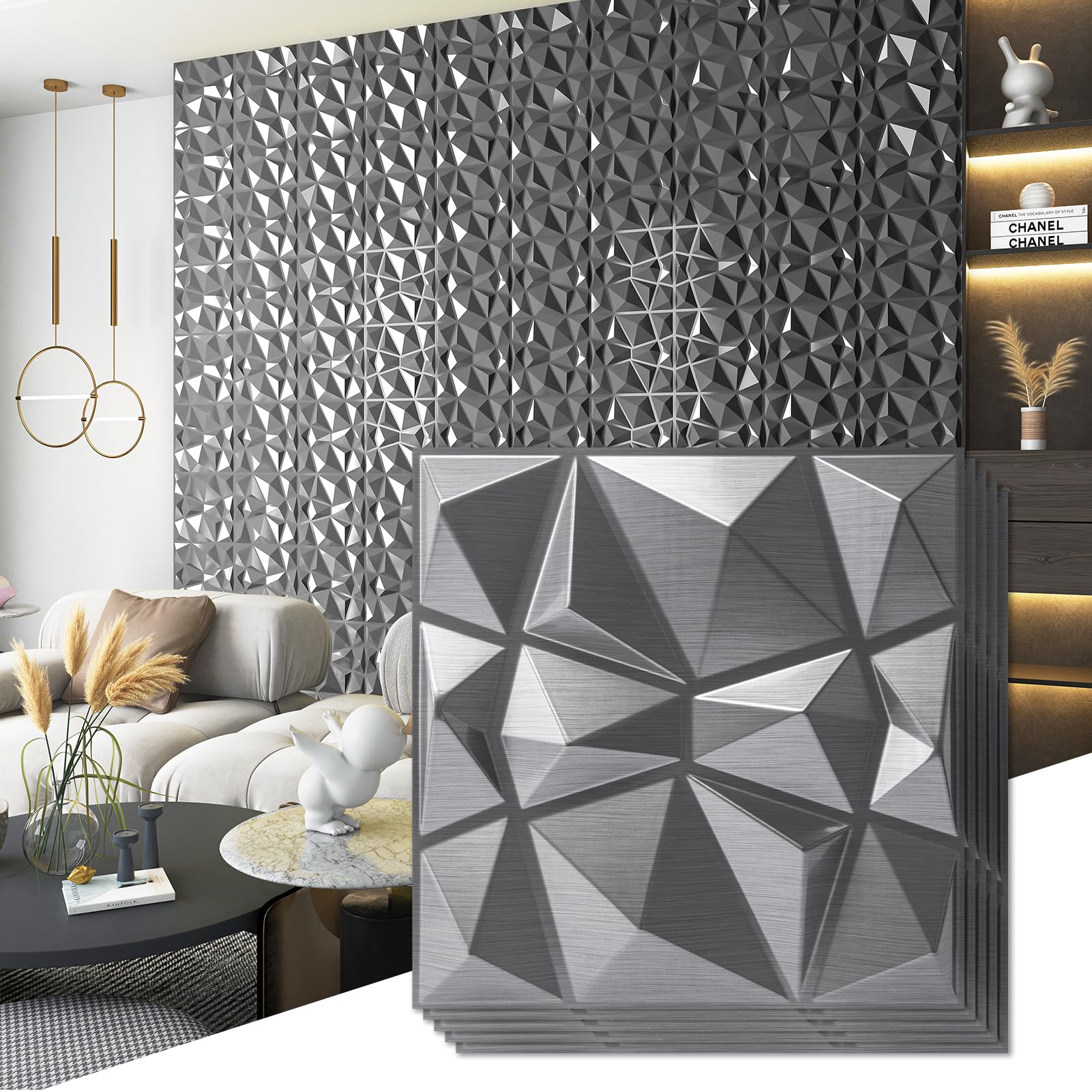 Art3d Decorative 3D Wall Panels in Diamond Design, 12"x12" Silver for Home and Office Decor (33 Pack)