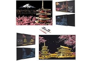 DESINIK Scratch Painting Art for Adults & Teens - 2 Sheets Rainbow Scratch Painting Kit, Scratch Painting Foil Art for Adults,Stress Relief Adult Craft Kits A3(Mt. Fuji, Japan)
