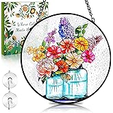 Remiawy Stained Glass Window Hanging, 6 Inch Mason Jar with Flowers Glass Panel with Metal Chain and Hooks Indoor Window Wall Art Home Decor for Women Birthday