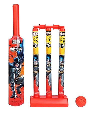 Zitto Batman Mini Cricket Set with 1 Plastic Bat and Ball, 3 Wickets, Base and Bail, Multicolour