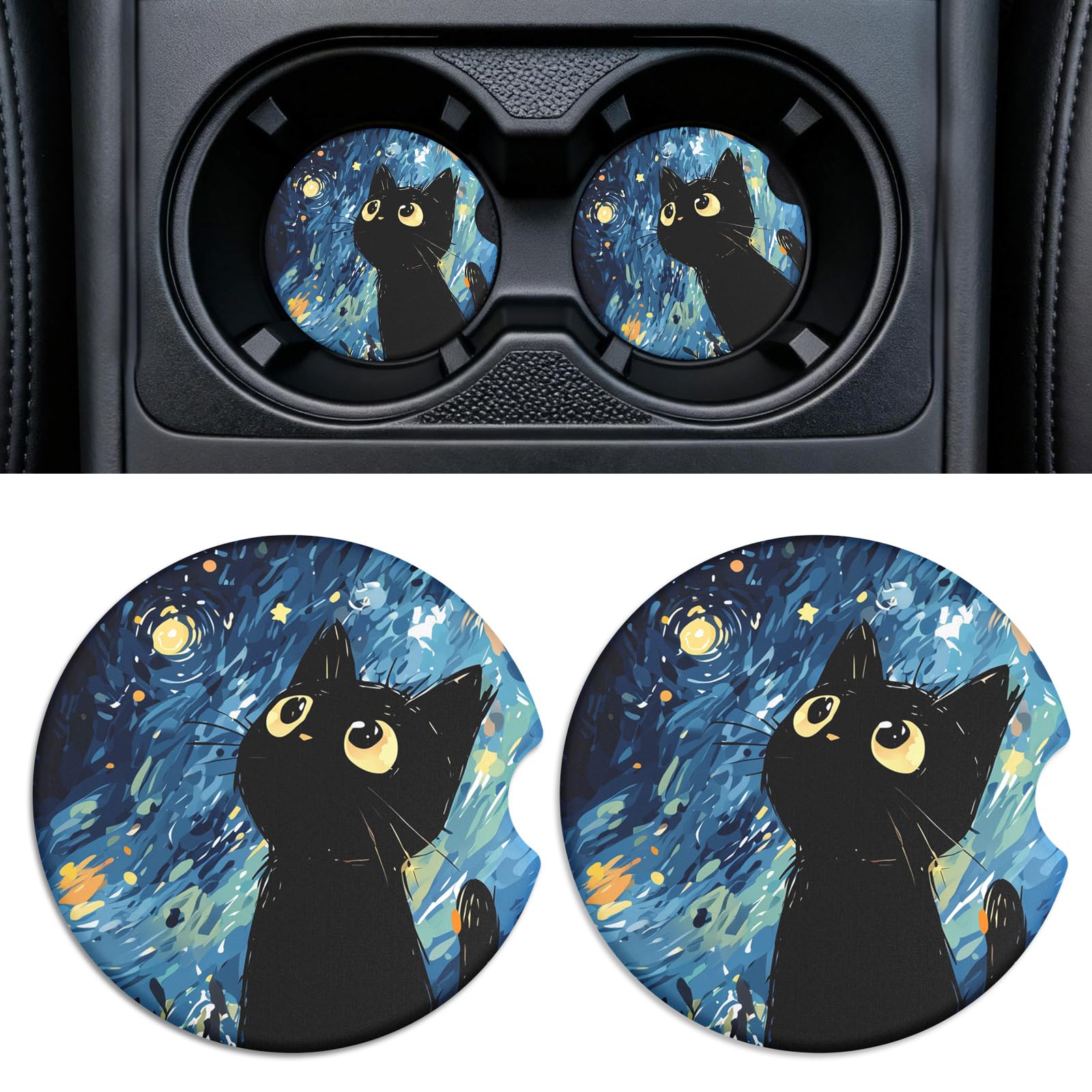 Photo 1 of **ONE IS CHIPPED**Rueneaj Car Cup Holder Ceramic Coasters 2 Pack, 2.56 in Anti Slip Absorbent Coaster with Cork Base and Finger Notch, Funny Cute Car Accessories Interior for Women, Black Cat