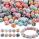 Sunrony 50PCS Print 15mm Silicone Beads Bulk, Grid Animal Cow Printed Focal Pattern Silicone Beads for Keychain Making and Necklace Bracelet Pens DIY Decoration