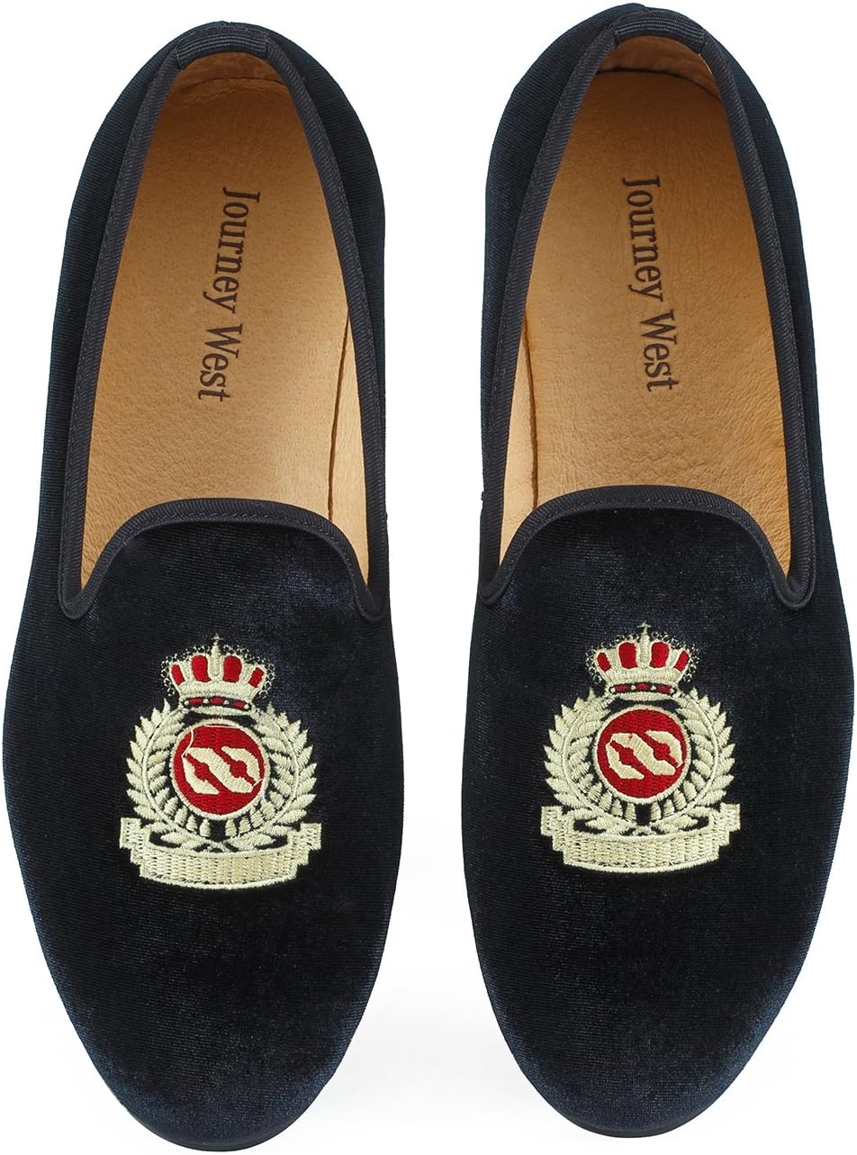 Men's Vintage Velvet Embroidery Noble Loafer Shoes Slip-on Loafer Smoking Slipper Black/Red/Blue