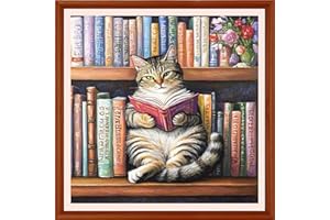 DMCXART Counted Cross Stitch Kits for Adults Needlepoint Kits Unprinted Cross Stitching Embroidery Kit 11CT Cross Stitch Supplies-Cat Reading 18x18 inch