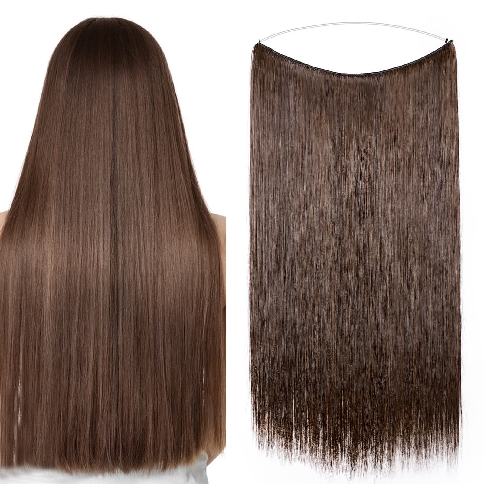 Secret Headband Wire in Natural Hair Extensions Rubber Band Straight Curly Wavy Hairpieces Brown Blonde Ombre for Women 20" Straight - Black mix Light Auburn โ image 1