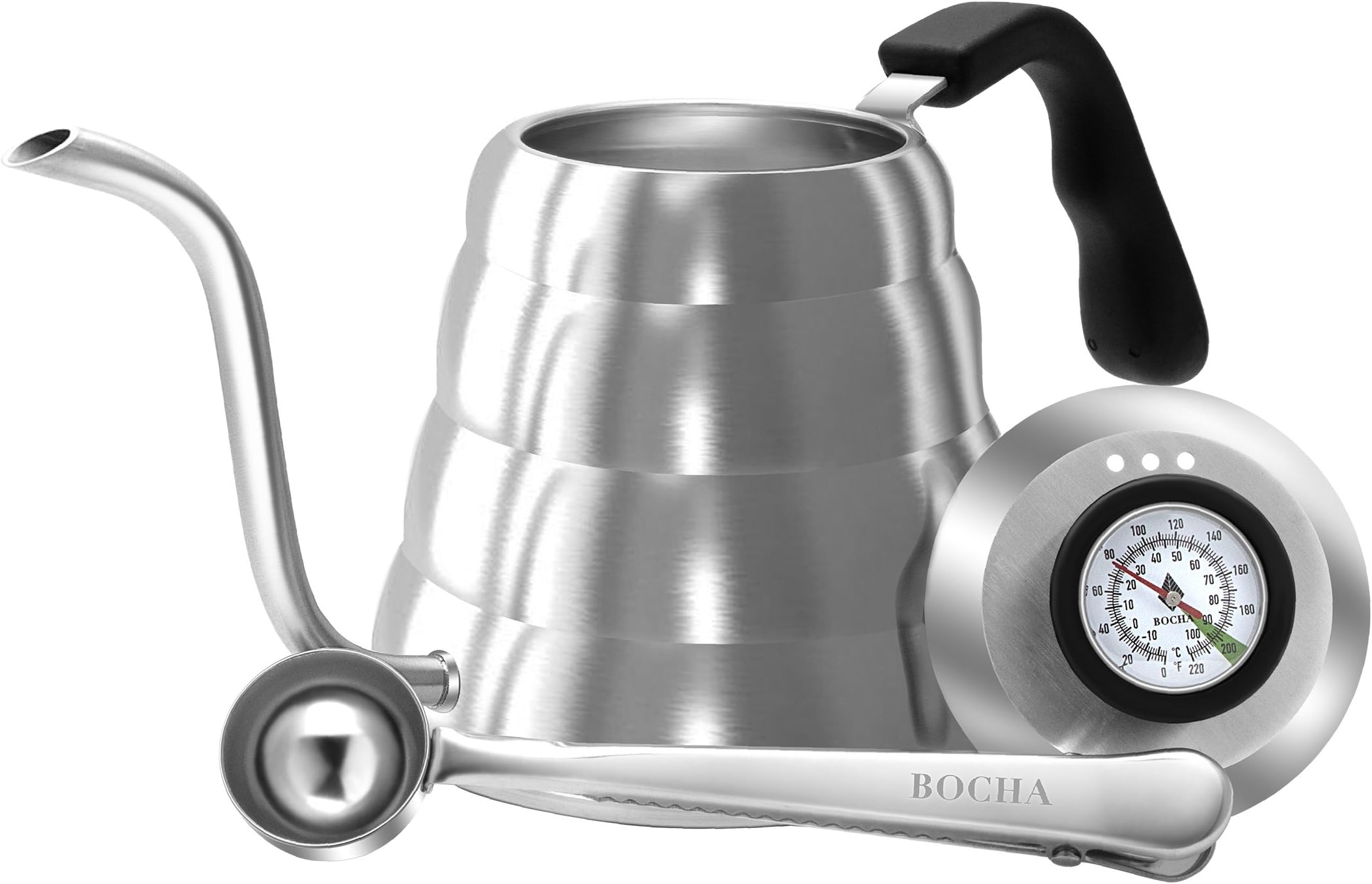 BOCHA - Pour Over Drip Coffee & Tea Kettle, Stainless Steel with Built in Thermometer & Gooseneck Spout (1.2 Liter - New Thermometer)