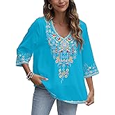gosiea Mexican Embroidered Shirts for Women Bohemian Tops Peasant 3/4 Sleeve V Neck Shirt Tunic Blouses