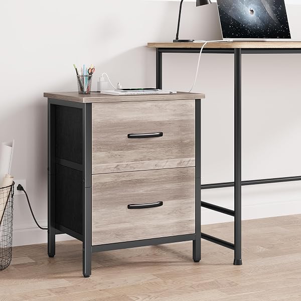 VAGUSICC NIGHTSTAND WITH CHARGING STATION, BEDSIDE TABLE WITH USB PORTS AND OUTLET, END TABLE SIDE TABLE WITH 2 FABRIC DRAWERS FOR BEDROOM, LIVING ROOM, GREIGE