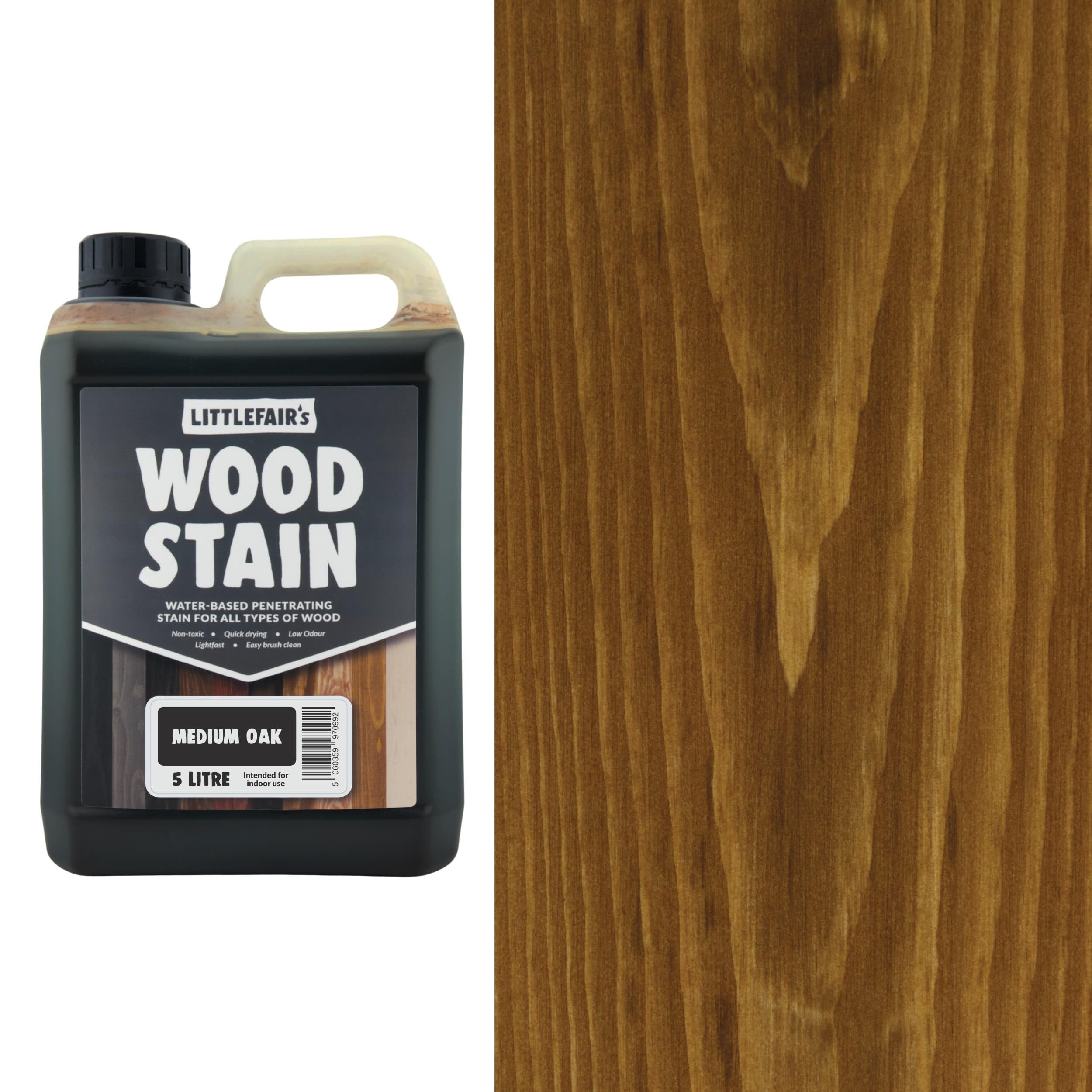 Littlefair's Wood Stain Water Based - 5 LTR - Indoor Furniture Stain Light & Dark Finishes - Special Non Toxic & Eco Friendly Formula - Wood Stain for Crafts - Colour: Medium Oak