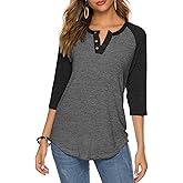 HOCOSIT Women's Raglan V Neck Summer Tops 3/4 Sleeve Ladies Button Henley Shirt Boyfriend Style Blouse