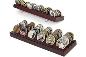DecoWoodo Challenge Coin Display Stand 4 Rows Wooden Military Coin Holder Rack Case Holds 30 Coins, Mahogany Finish