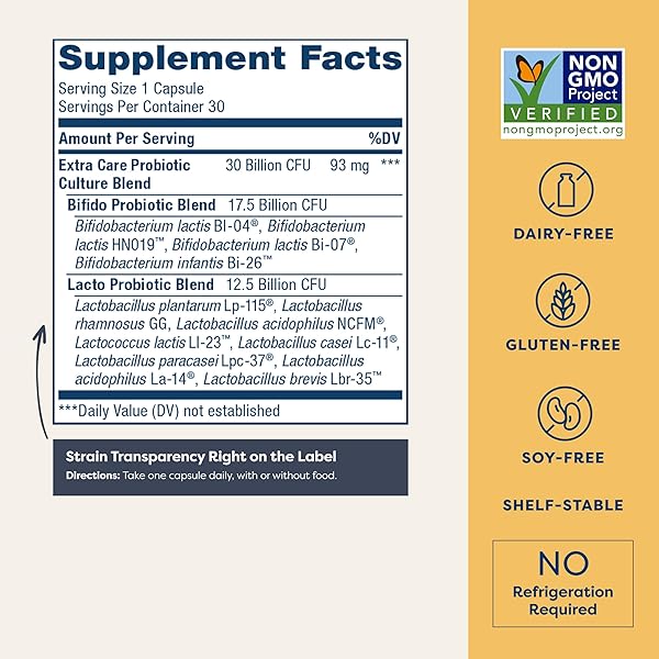 RENEW LIFE EXTRA CARE PROBIOTIC CAPSULES, DAILY SUPPLEMENT SUPPORTS IMMUNE, DIGESTIVE AND RESPIRATORY HEALTH, L. RHAMNOSUS GG, DAIRY, SOY AND GLUTEN-FREE, 30 BILLION CFU, 30 COUNT