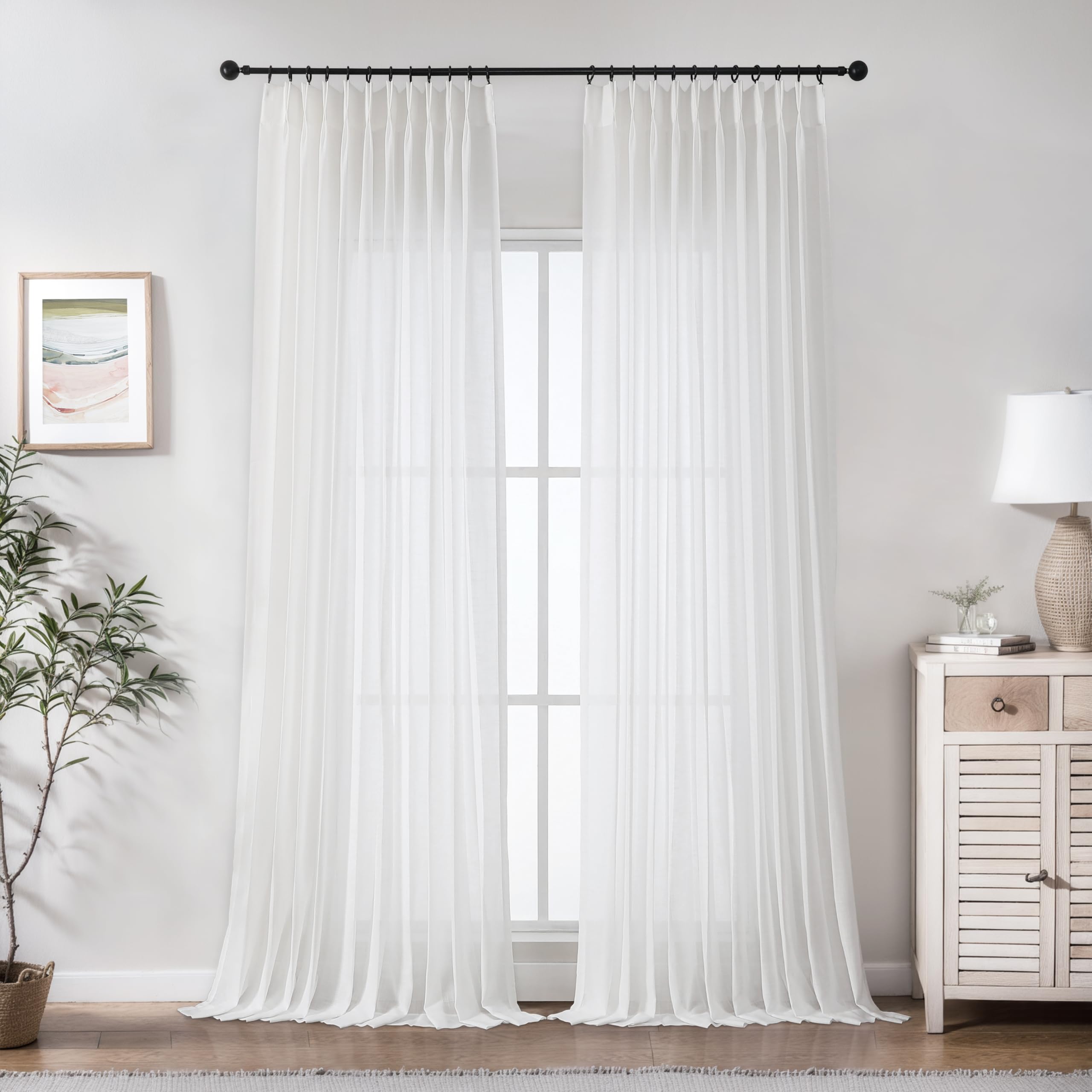 Photo 1 of WEST LAKE 90 Inches Length White Pinch Pleated Curtains for Bedroom Living Room,French Pleat Sheer Drapes with Backtabs Hooks for Track,Airy Linen Textured Window Treatment,60" Wx90 L,2 Panels