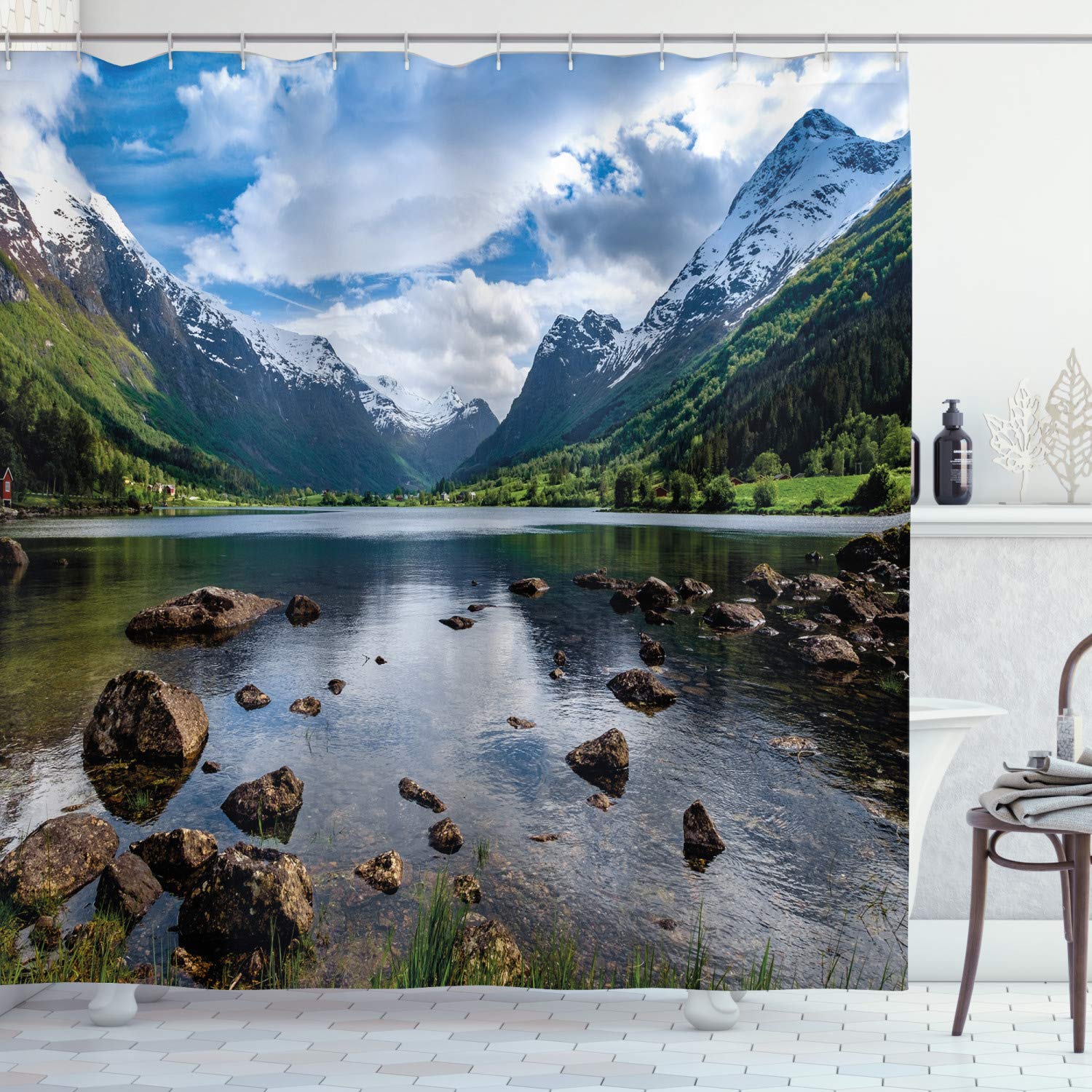 ABAKUHAUS Nature Shower Curtain, Mountains River and Open Sky Natural Beauties Norway Fjords Nordic Landscape, Cloth Fabric Bathroom Decor Set with Hooks, 70 Inches, White Green Brown