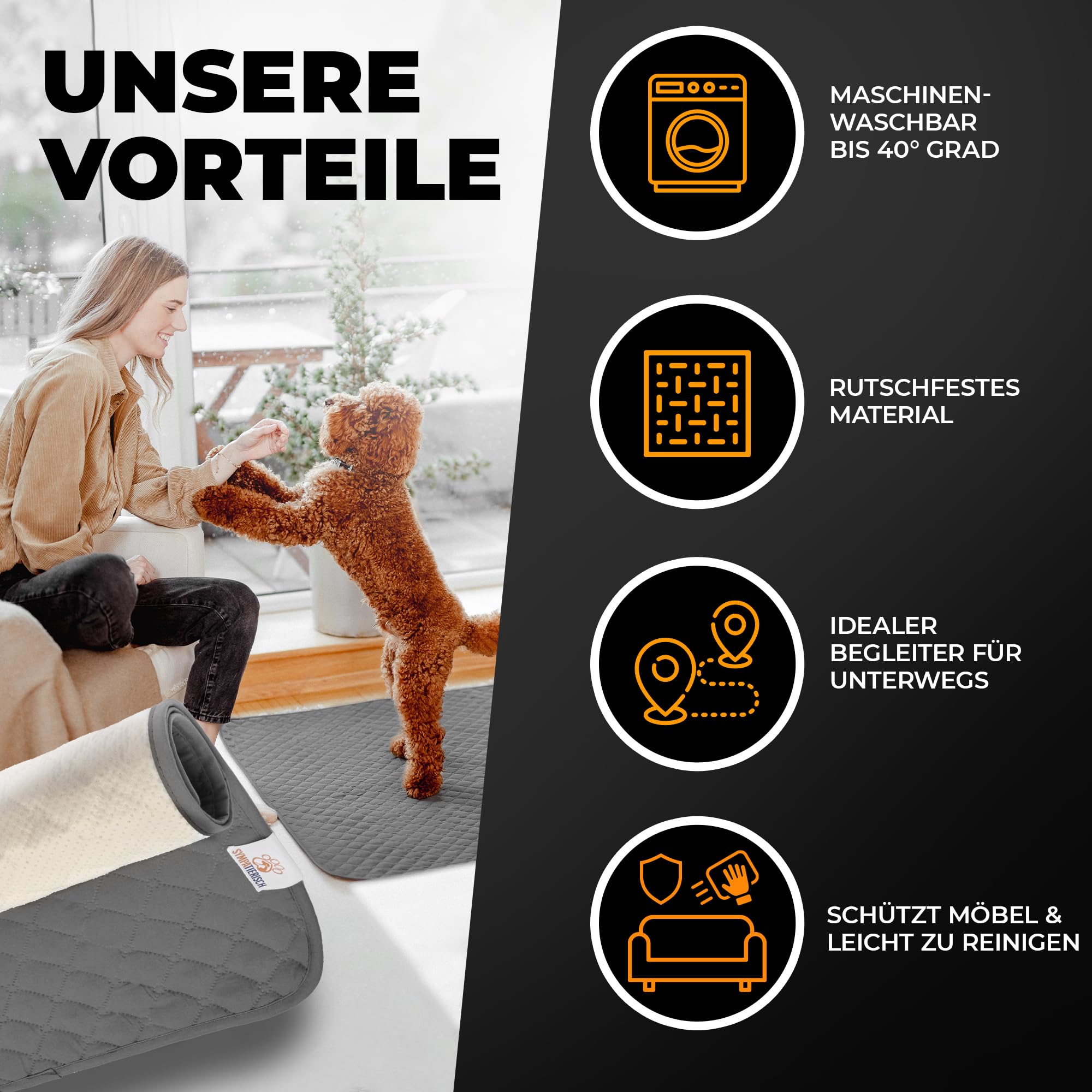 SympaTierisch wasserdichte Hundedecke - Robuste Hundematte als Schutz fürs Sofa - große rutschfeste Hundedecke für Hunde & Katzen geeignet - in der Waschmaschine waschbar - 175 x 75 cm - grau 6