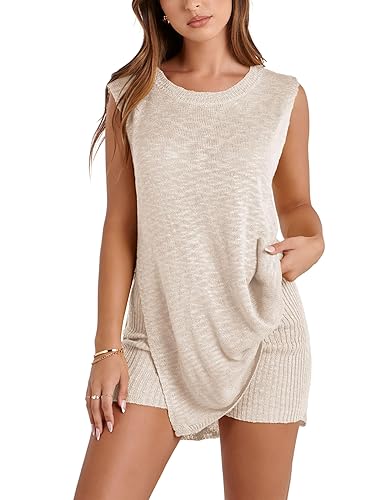 SeekMe Womens Summer Knit Sweater Set Sleeveless Tunic Top