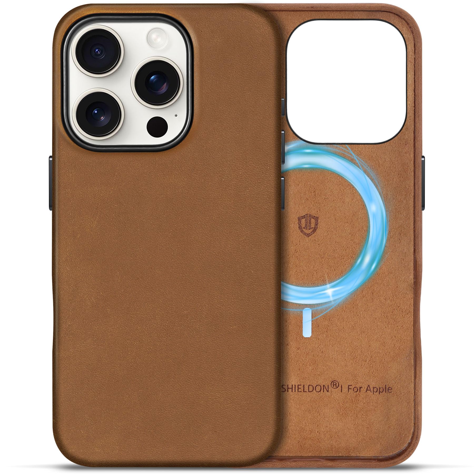 SHIELDON Leather Case for iPhone 16 Pro, Crazy Horse Leather, Magnetic Wireless Charging, Non-Slip Shockproof Cover Compatible with iPhone 16 Pro - Brown