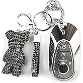Rayslesan Cute Key Fob Cover with Rhinestone Bear Charm, Bling TPU Smart Key Case for Women, Compatible with Mercedes Benz S-Class G-Class E-Class EQE EQS 2020-2025 (3-Button, Silver Black)