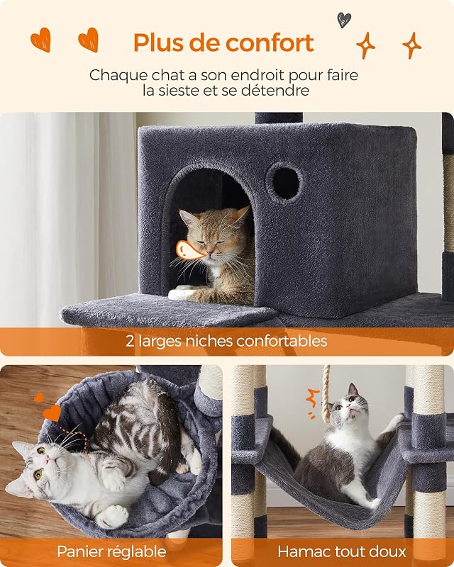 Arbre à Chat, 203,5 cm, 2 Plateformes, 2 Grottes, Panier, Hamac