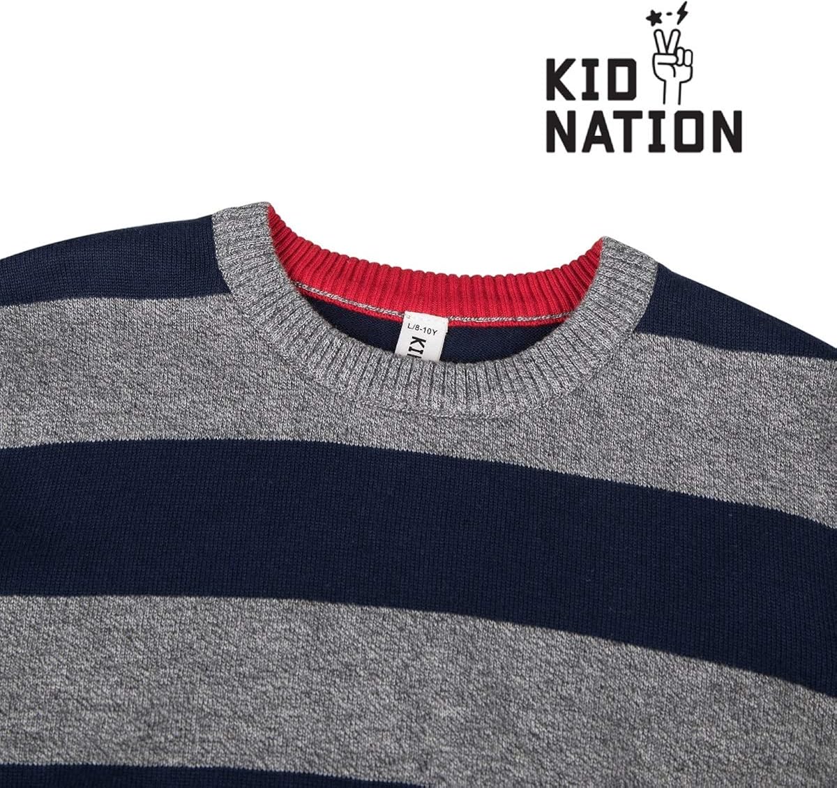 Kid Nation Boys Color Block Striped Pullover Sweater Crew Neck Long Sleeve Cotton Knit TOS for 4-12Y: Clothing