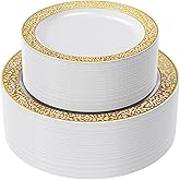 FOCUSLINE Gold Plastic Plates Set of 102, Disposable Plates with Gold Lace 51 Dinner Plate 10.25 Inch & 51 Salad Dessert Appetizer Plate 7.5 Inch, Elegant Fancy Heavy Duty Wedding Party Plates