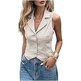 MakeMeChic Women's Linen Striped Button Down Crop Tops Sleeveless V Neck Casual Business Vest Top