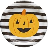 American Greetings Halloween Paper Dessert Plates (36-Count, 7 in. Round) Striped Pumpkin Jack-O'-Lantern Disposable Plates, Halloween Party Supplies