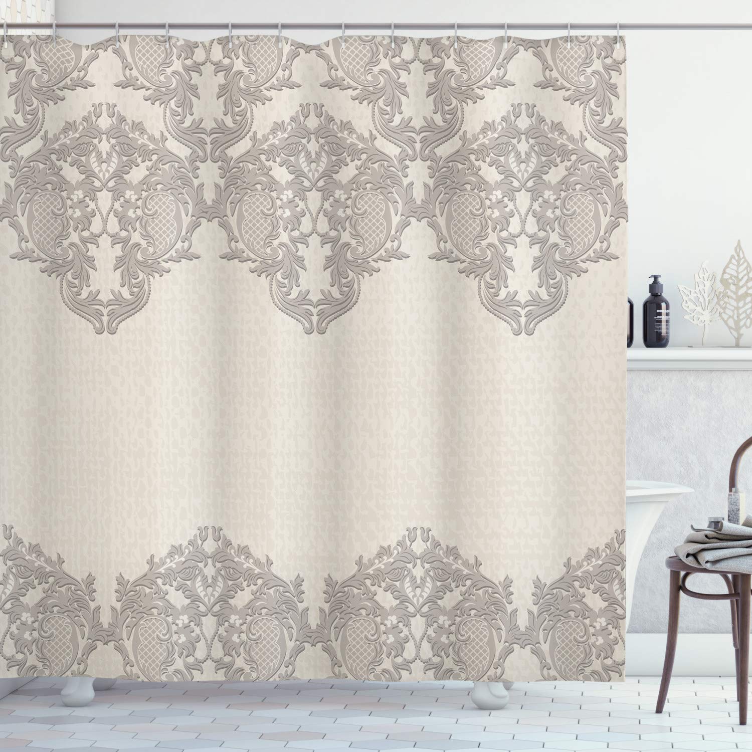 ABAKUHAUS Taupe Shower Curtain, Lace Like Framework Borders with Details Delicate Intricate Retro Dated Print, Cloth Fabric Bathroom Decor Set with Hooks, 94 Inches, Taupe
