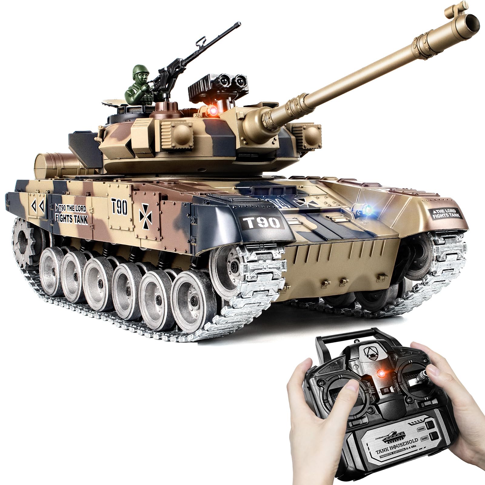 Supdex RC Tank, 1:18 Russian T-90 Metal Tracks Remote Control Model Tank Toys, 2.4Ghz Army Toys with Smoke, Sound and Light, RC Military Vehicle That Shoots BBS and Water Bullets for Adults and Kids