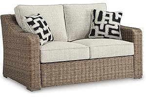 Signature Design by Ashley Beachcroft Casual Nuvella Weather Resistant Fabric, Resin Wicker Outdoor Loveseat with Cushion and 2 Accent Pillows, Dark Brown & Beige