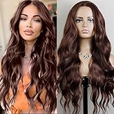 MSMYRNS Dark Brown Wavy Wig For Girls Women Chocolate Brown Long Hair Heat Resistant Synthetic Lace Front Costume Daily Party Wig