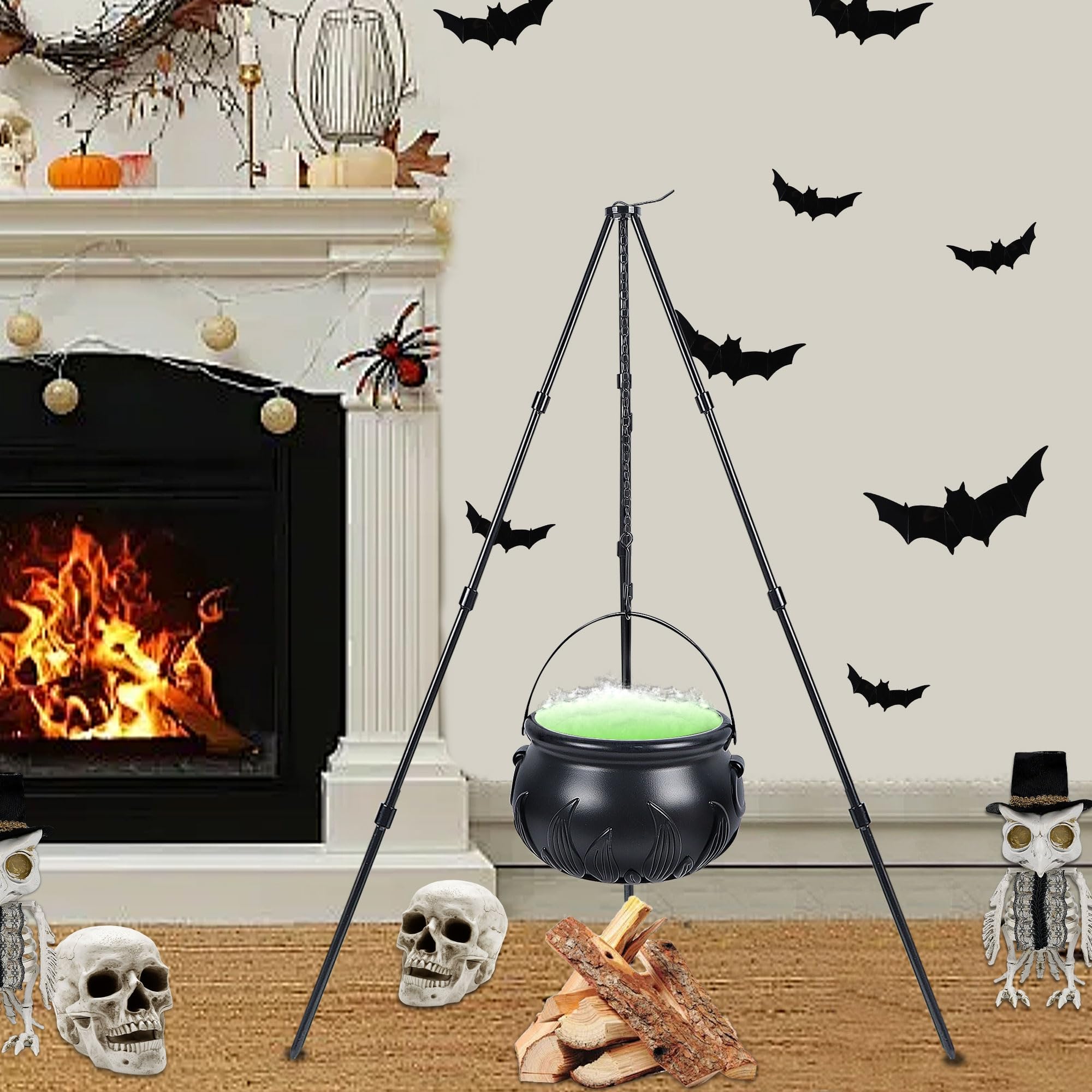 Photo 1 of Treewoll 2.8FT H Halloween Witch Cauldron with Tripod Stand, Hanging Black Pot with Adjustable Chain Hook for Witches Games Props Haunted House Halloween Parties Indoor Outdoor Decorative Set