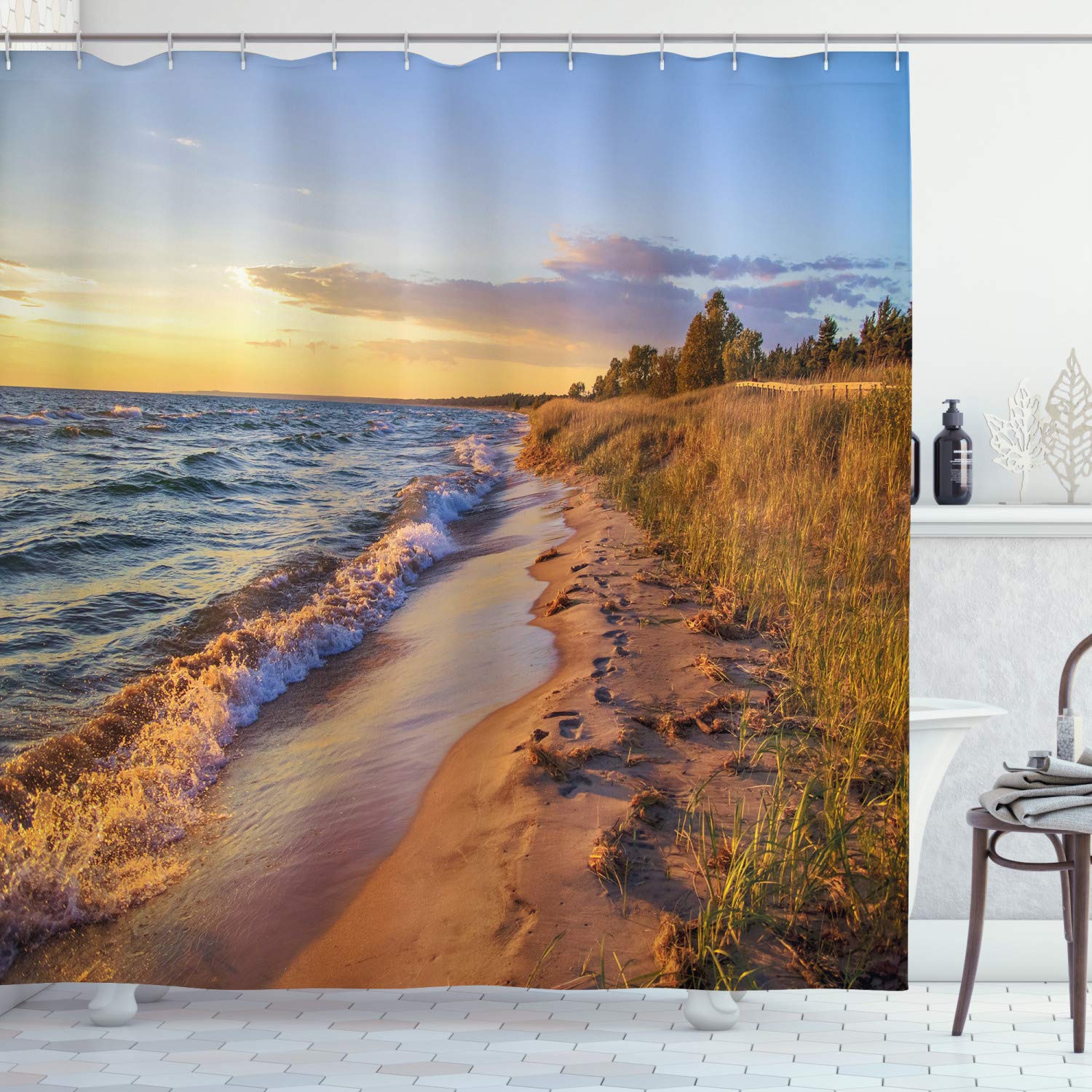 ABAKUHAUS Coastal Shower Curtain, Sandy Calm Beach Ocean Waves Tranquil Seashore Setting Sun, Cloth Fabric Bathroom Decor Set with Hooks, 175 x 200 cm, Pale Yellow Light Brown