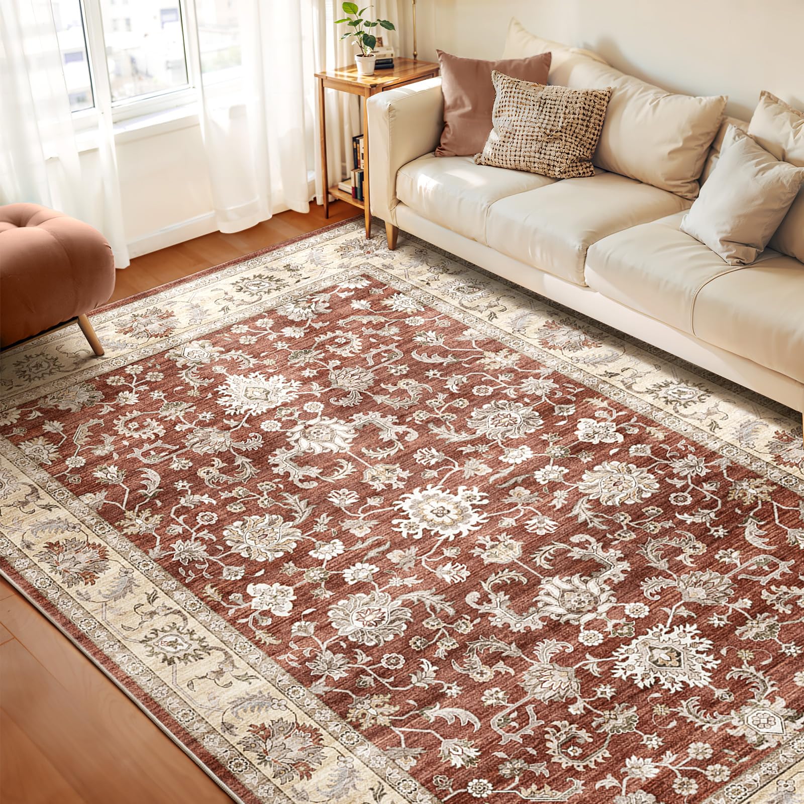 WITSHOCK 8x10 Area Rugs for Living Room: Machine Washable - Non Slip Modern Vintage Rug for Bedroom Dining Room - Stain Resistant for Household - Pet Owners (Red)