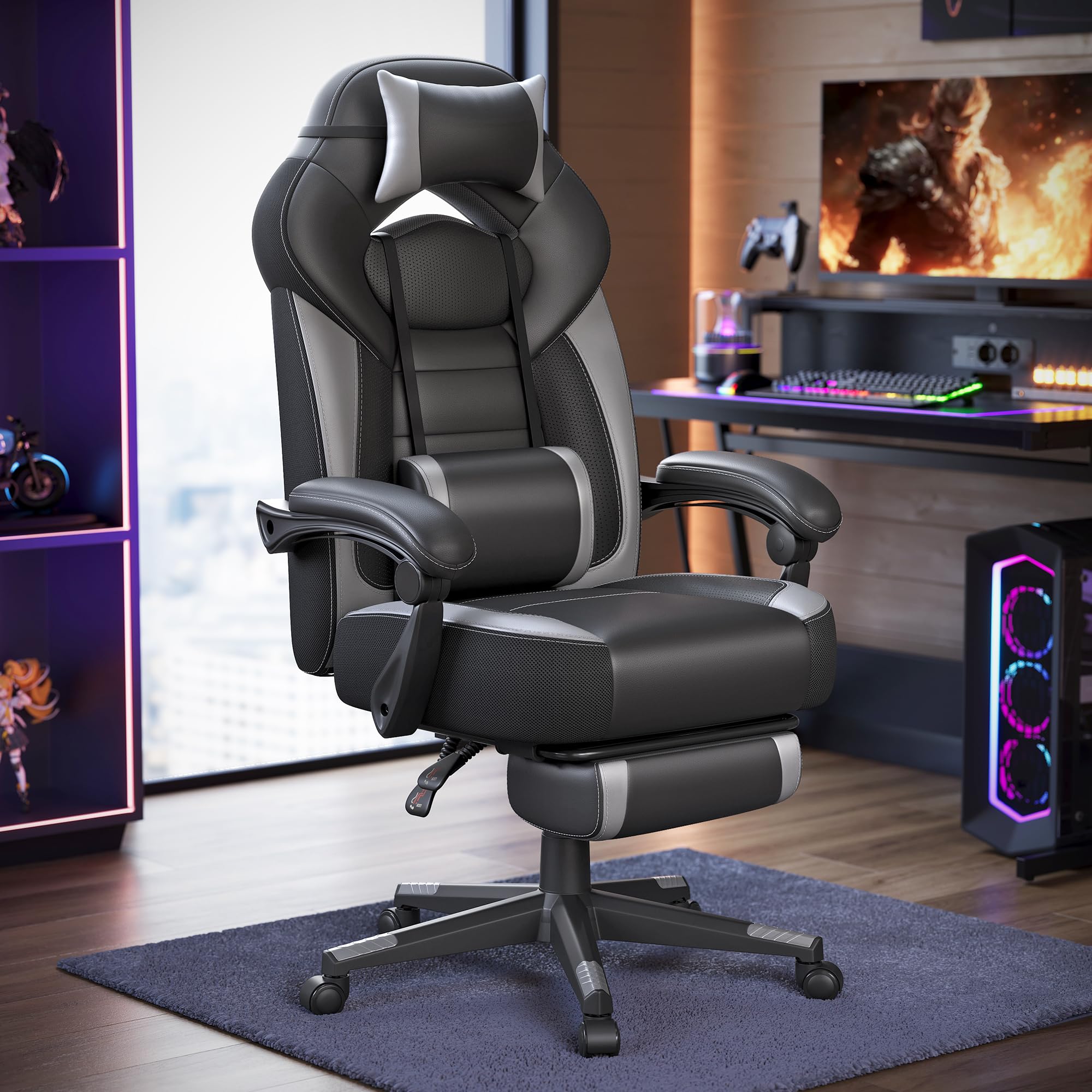 SONGMICS Gaming Chair, Office Racing Chair with Footrest, Desk Chair, Ergonomic Design, Adjustable Headrest, Lumbar Support, 150 kg Load Capacity, Black and Grey OBG77BGUK