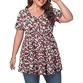MONNURO Womens Plus Size Tops Cute Babydoll T Shirts Peplum Tunic Tops Loose Fit V-Neck Short Sleeve Blouse